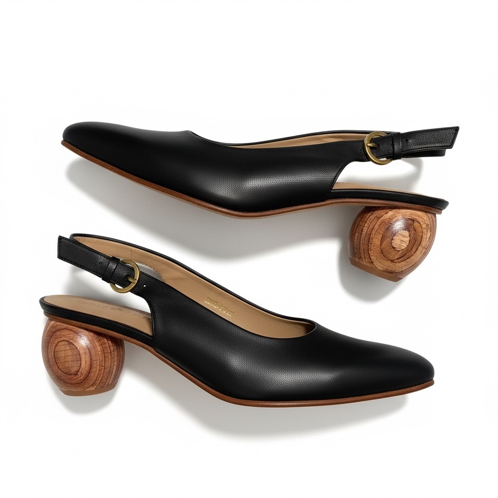 Huma Blanco Canela Black Slingback round wooden heel 39